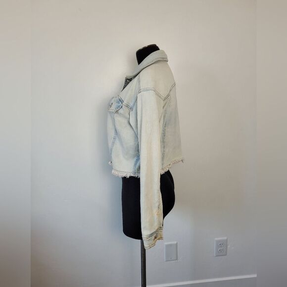 Venus Cropped Acid Wash Denim Jean Jacket Fringe Trim Grunge 90s Biker Small - Picture 11 of 14